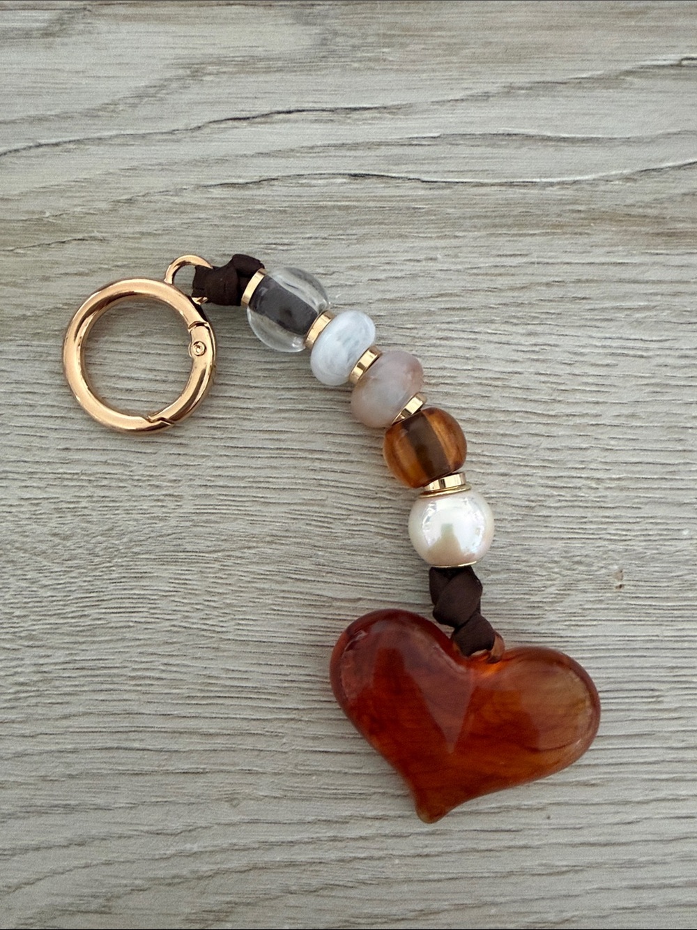 Handmade Amber Heart Bead Keychain/Bag Charm - Brown Heart Accent